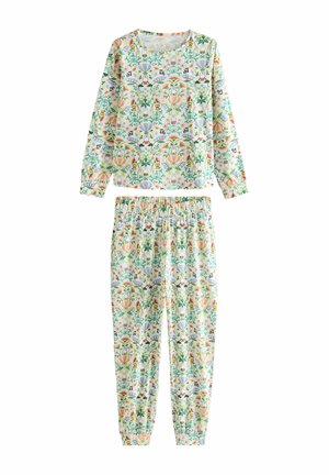 Bloemmotief pyjama set van zachte stof. Langslavige top met ronde hals en elastische tailleband broeken. Lichte kleuren met verschillende ontwerpen.
