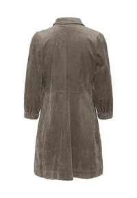 Abito lungo in corduroy marrone con colletto, polsini elasticizzati e gonna leggermente svasata, visto da dietro.