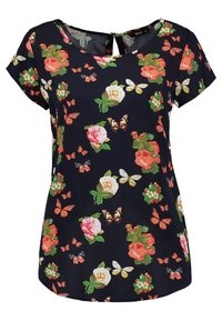 Laine sininen lyhythihainen pusero, jossa on pinkkejä, punaisia ja vihreitä kukkia sekä oransseja ja valkoisia perhosia. Pyöreä kaula-aukko.