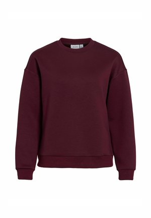 Enostavna majica z dolgimi rokavi in okroglim izrezom v temno bordo barvi z rebrastimi manšetami in robom, prikazana na belem ozadju.