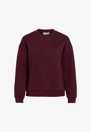 Egyszínű, sötét bordó hosszú ujjú, kerek nyakú pulóver bordázott mandzsettákkal és szegéllyel, fehér háttéren bemutatva.