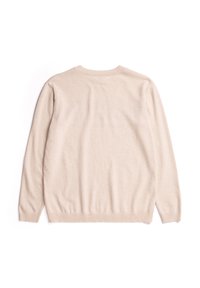 Suéter de punto beige con cuello redondo, puños y dobladillo acanalados, que presenta una textura suave y un diseño sencillo. Vista trasera mostrada.