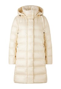 Długa kremowa pikowana zimowa kurtka z kapturem, zatrzaskami, zamkiem błyskawicznym, poziomym przeszyciem i ściągaczami przy kapturze.