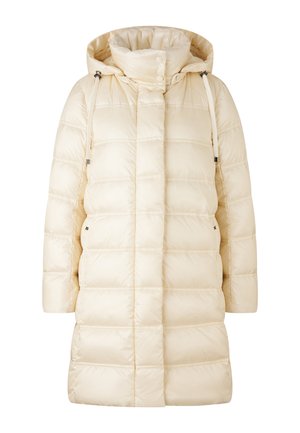 Długa kremowa pikowana zimowa kurtka z kapturem, zatrzaskami, zamkiem błyskawicznym, poziomym przeszyciem i ściągaczami przy kapturze.