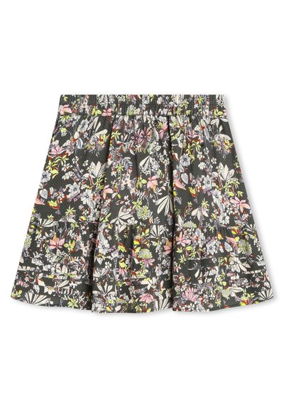 Jupe à imprimé floral avec une taille élastique, fond gris et fleurs roses, jaunes et vertes éclatantes avec des détails texturés subtils.