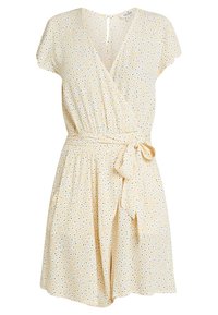 Robe enveloppante jaune à manches courtes, dotée d'une ceinture à nouer, d'un motif à pois blancs et marine, et d'un décolleté en V. Texture de tissu douce.