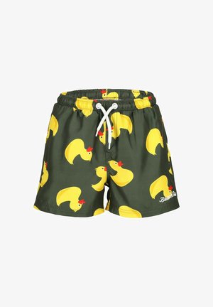 Costume da bagno verde scuro in tessuto, con un design ripetitivo di anatre gialle con creste rosse, vita elastica e cordino bianco.