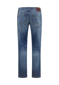 Sinine denim kangast sirged teksad, millel on kaks tagataskut ja nahkpaat vöökohal. Kangas on kergelt pleekinud.