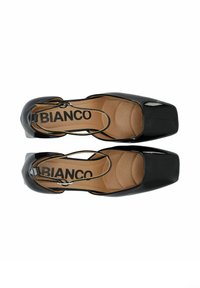 Black patent leather heels with a square toe design, almond-shaped strap, and cushioned insole. Brand name "Bianco" visible inside.