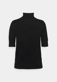 Sort strikket rullekravebluse med korte ærmer og ribstrikkede manchetter og kant, der har en glat tekstur og et minimalistisk design.