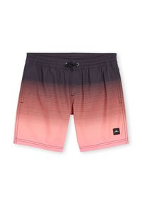 Herre svømmetrusser med gradientdesign; mørkegrå til pink. Lavet af let materiale, med horisontale striber og en sort snor.
