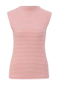 Ärmlös topp i vitt med rosa och korallfärgade horisontella ränder. Mjuk, ribbad textur med hög halsringning och figurnära passform.