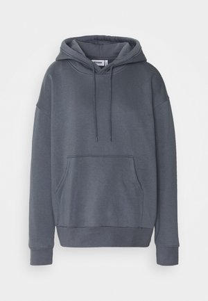 Donkere grijze hoodie met voorzak (kangaroezak), capuchon met trekkoord en geribbelde manchetten en zoom.