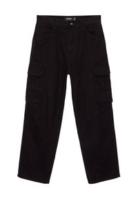 Pantaloni cargo neri in cotone, dotati di più tasche, vestibilità ampia e design a gamba dritta con texture cucita.