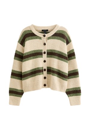Cardigan beige con righe orizzontali verdi e marroni. Presenta un collo rotondo, sette bottoni sulla parte anteriore e polsini e orlo a coste.
