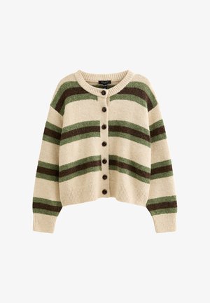 Beige cardigan met groene en bruine horizontale strepen. Heeft een ronde halslijn, zeven knopen aan de voorkant en geribbelde manchetten en zoom.