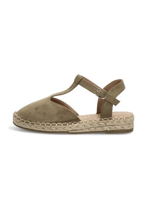 Sandalia alpargata de ante verde oliva con tira en T, hebilla en el tobillo y suela plataforma de yute trenzado.