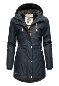 Parka impermeabile della marina con cappuccio, chiusure a zip e bottoni, due tasche frontali e fodera a fantasia. Presenta lacci regolabili e dettagli con logo.