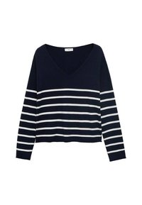 Mornarsko modri dolgo rokav sv sweater z globokim V-izrezom, horizontalnimi belimi črtami in mehkim pletenim vzorcem. Skrajšana dolžina z bolj sproščenim krojem.