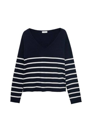 Maglione a maniche lunghe blu navy con scollatura a V profonda, strisce bianche orizzontali e morbida trama a maglia. Lunghezza croppata con vestibilità rilassata.