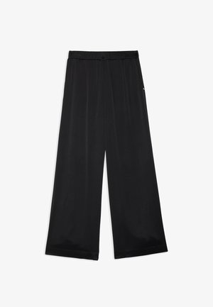 Pantalon noir à jambes larges avec taille élastique et ourlets droits, présenté à plat sur un fond blanc.
