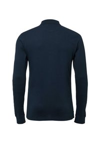 Granatowa, długosleeve polo prezentowana od tyłu z kołnierzykiem i prążkowanymi mankietami na białym tle.