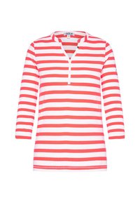 Red and white striped ribbed tunic with three-quarter sleeves, a V-neck, and a button detail at the neckline. Textured fabric finish.