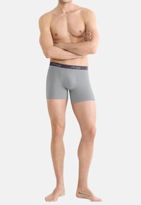 Grå boxershorts med en mjuk textur, med en mörk midja som har en logotyp. Designen är figurnära med en skärning vid mitten av låret.