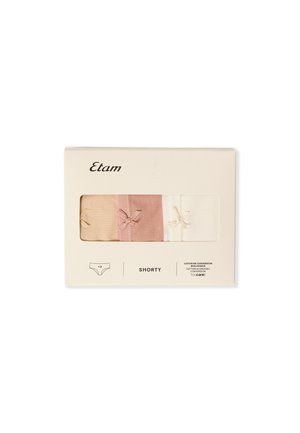 Lot de trois culottes courtes pour femmes en beige, rose et blanc avec de petits nœuds, emballées dans une boîte blanche Etam avec une fenêtre.