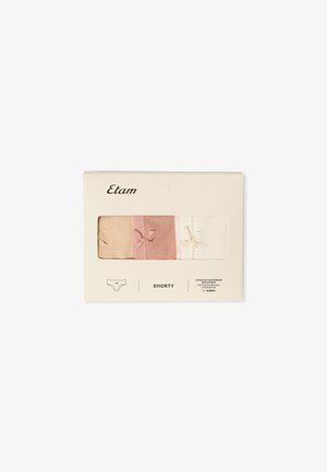 Lot de trois culottes courtes pour femmes en beige, rose et blanc avec de petits nœuds, emballées dans une boîte blanche Etam avec une fenêtre.