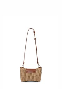 Woven straw handbag with a brown leather accent and adjustable strap, featuring a rectangular shape and textured finish.