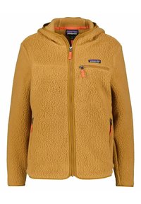 Tann fleecejacka med huva och dragkedja fram. Har texturerat tyg, orange dragkedjehålsdragare och en bröstficka med logotyp.