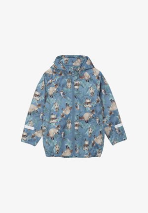 Veste pour enfants en tissu léger, arborant un fond bleu avec des motifs d'animaux et de feuilles, des poignets élastiques et une fermeture éclair à l'avant.