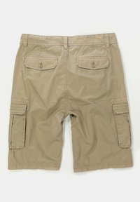 Beige cargoshorts met een rechte snit. Heeft twee achterzakken met knoopsluitingen en twee zijzakken met kleppen. Gelaagd weefsel.
