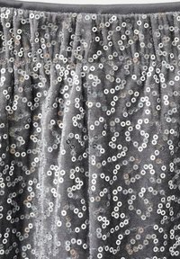 Gray fabric skirt adorned with silver sequins arranged in a wavy pattern. The waistband is elastic and the texture appears soft.