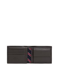 Portafoglio in pelle grigia con più scomparti per carte, un comparto per banconote e un accento in tessuto a righe nei colori blu navy, rosso e bianco.