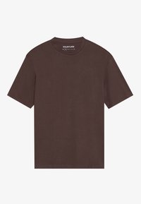 Braunes, kurzärmeliges T-Shirt aus glattem Baumwollstoff. Es hat einen Rundhalsausschnitt und eine lockere Passform ohne sichtbare Muster oder Akzente.