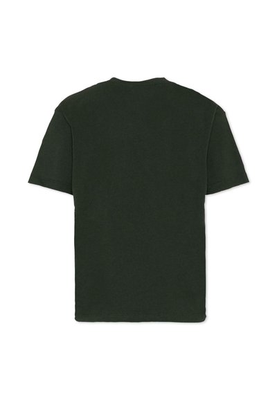 Donkergroen katoenen T-shirt met korte mouwen, ronde halslijn en rechte snit. Eenvoudig ontwerp zonder zichtbare logo's of patronen.