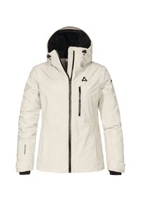 Weiße isolierte Winterjacke mit Kapuze, schwarzem Reißverschluss und Brusttasche, verstellbaren Manschetten sowie Markenlogo auf dem linken Ärmel und der Brust.