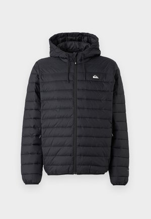 Black quilted hooded jacket with front zipper, drawstrings on hood, and small logo on left chest against plain background.