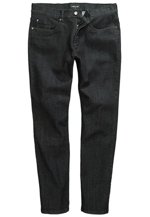 Mænds sorte denimjeans med fem-lomme-design, lynlås og knaplukning, vist fladt med lynlåsen delvist åben.