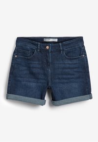 Shorty boyshort en denim bleu foncé avec ourlets roulés, bouton avant et poches avant et poche à monnaie, étiqueté taille mi-haute.