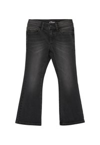 Zwarte flare jeans van denimmateriaal, met een ritssluiting, knoopsluiting, vijf zakken en subtiele vervaging aan de voorkant.