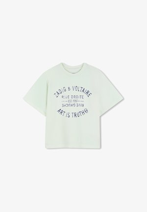 T-shirt en coton vert clair avec un col rond, des manches courtes, et un texte imprimé en bleu marine : "ZADIG & VOLTAIRE RIVE DROITE ART IS TRUTH."