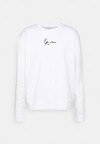 Sudadera blanca de algodón, con cuello redondo, mangas largas, puños de canalé y un logo negro en la parte frontal.