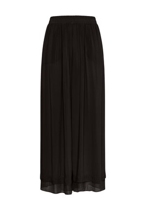 Czarna spódnica do kolan wykonana z lekkiego materiału. Posiada elastyczny pas, miękką teksturę oraz lekko przejrzysty dół.