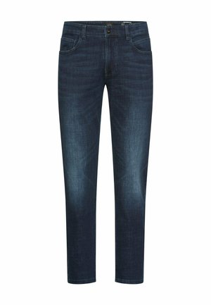 Donkerblauwe rechte spijkerbroeken met voorzakken, knoopsluiting en subtiele vervaagde details op dijen en knieën.