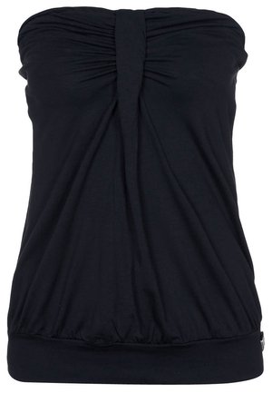 Czarny top bandeau bez ramiączek z marszczonym środkowym przodem i dopasowaną elastyczną talią.