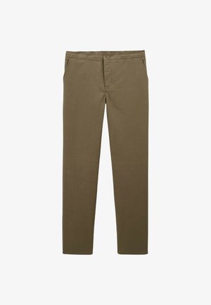 Pantalon vert olive avec une coupe droite, fabriqué en coton doux. Il dispose d'une fermeture à bouton à l'avant et de poches sur les côtés.