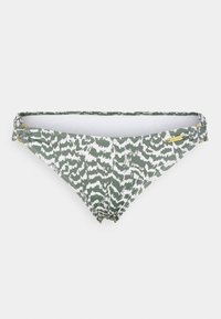 Bikini bottom in green and white animal print. Made from smooth fabric, features side accents with gold hardware and gathered detailing.
